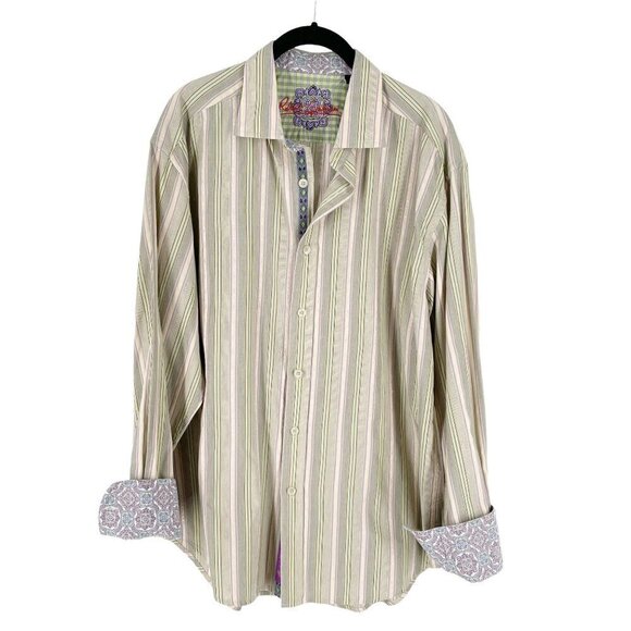 Robert Graham Green Purple Stripe Contrast Cuff Button Up Collared Shirt Men XL - Picture 1 of 11